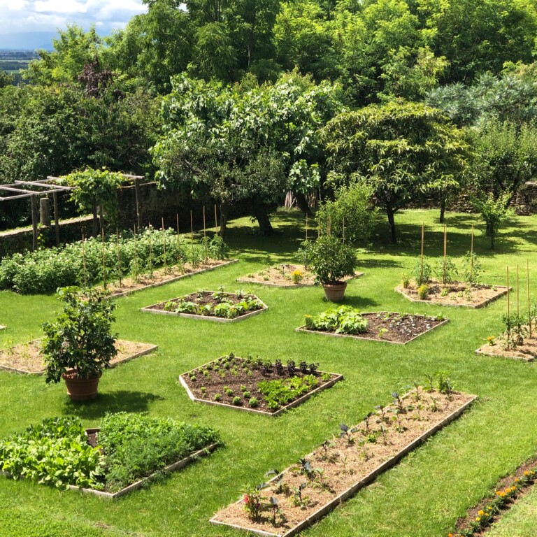 Giardino curato con coltivazioni in aiuole ordinate, alberi, un pergolato e mura in pietra aperte sul paesaggio collinare.