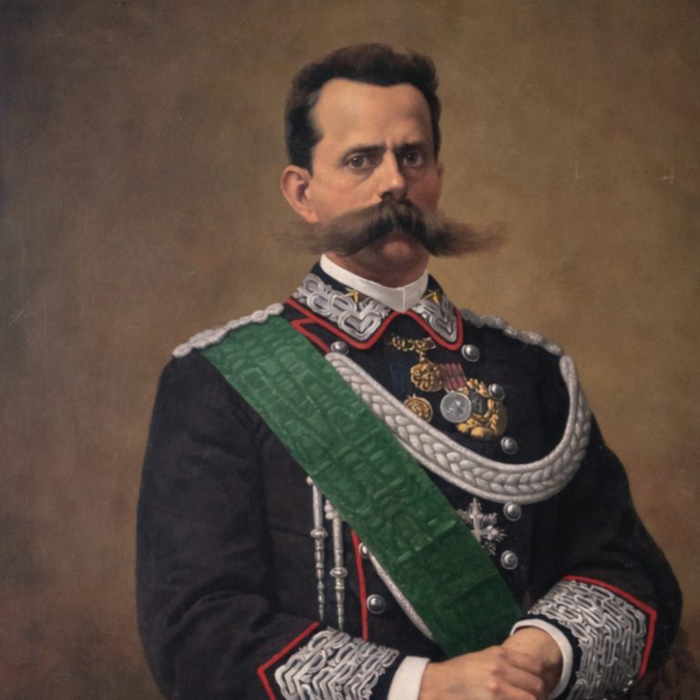 Ritratto a olio di Umberto I di Savoia in divisa militare scura con decorazioni dorate, vistosi baffi e fascia verde su sfondo neutro.